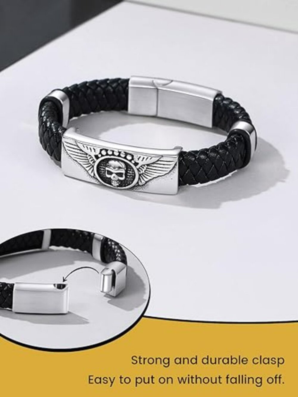 NEW Goth Stainless Steel Braided Leather Bracelet Punk Cuff Bangle Skeleton